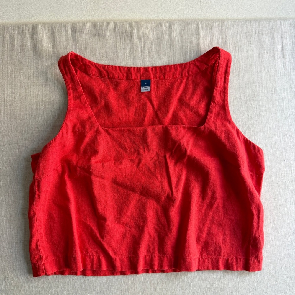 Old Navy Linen Blend Square Neck Tank Top Red Large Coastal Americana Relaxed